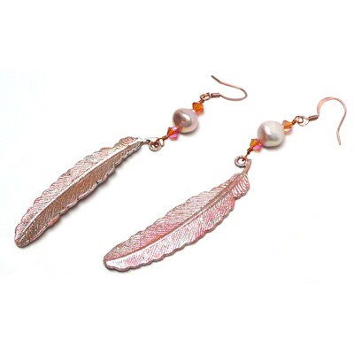 Painted Blush-Coral Pewter Feather Copper Earrings - image1